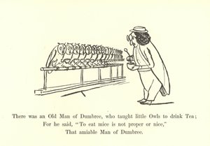 Había un viejo de Dumbree, que enseñaba a los pequeños búhos a beber té