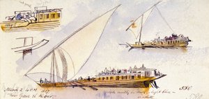 Tres estudios de un barco egipcio, transportando pasajeros, cerca de Gau el Kebir (Egipto), con anotaciones sobre la vestimenta de los personajes representados.