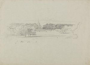Vista de una iglesia al otro lado de un prado de Edward Lear