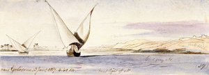 Vista del Nilo cerca de Golosona (Egipto), con una barca tradicional egipcia navegando. Dibujo en acuarela coloreada de Edward Lear