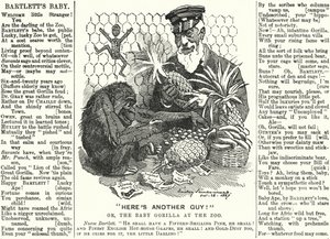Caricatura de Punch: Abraham Dee Bartlett, superintendente del Zoológico de Londres, y un bebé gorila (grabado) de Edward Linley (after) Sambourne