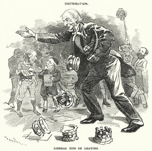 Caricatura de Punch: Distribución. Consejos liberales al partir (grabado) de Edward Linley (after) Sambourne