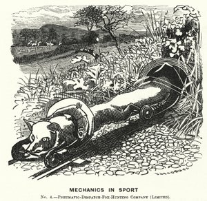 Caricatura de Punch: Mecánica en el deporte. No 4. - Compañía de caza de zorros por despacho neumático (Limitada)