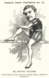 Caricatura de Punch: Montagu Williams, maestro, soldado, actor, dramaturgo, abogado y magistrado inglés (grabado)