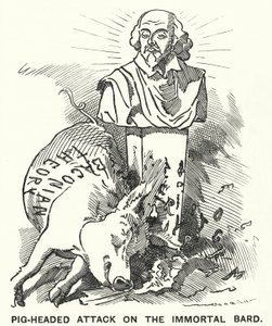 Caricatura de Punch: Ataque testarudo al Bardo Inmortal - la teoría de que las obras de William Shakespeare fueron escritas por Sir Francis Bacon (grabado)