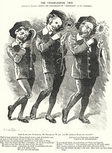 Caricatura de Punch: El trío problemático: Lord Randolph Churchill, Henry Drummond Wolff y Ellis Ashmead-Bartlett, políticos conservadores británicos de Edward Linley (after) Sambourne