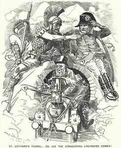 Caricatura de Punch: finalización del túnel ferroviario de San Gotardo bajo los Alpes de Edward Linley (after) Sambourne