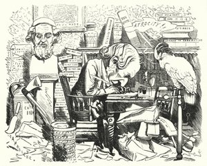Caricatura de Punch: Escritor trabajando en su estudio (grabado)