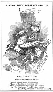 Alfred Austin (1835-1913) poeta laureado británico desde 1896. Caricatura de Edward Linley Sambourne (1844-1910) en la serie Retratos de Fantasía en Punch, Londres, 3 de marzo de 1883, cuando Austin se convirtió en editor de National Review. Grabado de Edward Linley Sambourne