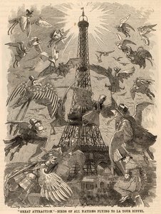 Aves de todas las naciones volando hacia la Torre Eiffel