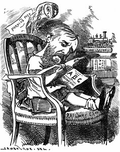 Evelyn Ashley (1836-1907) autor inglés y político liberal: hijo del 7º Conde de Shaftesbury. Caricatura de Edward Linley Sambourne en la serie Retratos de Fantasía de Punch Londres abril de 1881 cuando Ashley era subsecretario en la Junta de Comercio de Edward Linley Sambourne