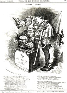 Manteniéndolo abajo. Otto von Bismarck (1815-1898) Canciller de Alemania, tratando de forzar al Jack del Socialismo a volver a su caja. El pie de foto le dice que cada acto de represión actúa como un elixir para el deseo humano de más libertad. Caricatura  de Edward Linley Sambourne