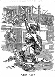 Con el regreso del gobierno liberal en Gran Bretaña, diciembre de 1905, el libre comercio era la política, en lugar de la política conservadora de protección por arancel. Caricatura de Edward Linley Sambourne de Punch Londres 24 de enero de 1906 de Edward Linley Sambourne