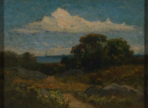 Paisaje (árboles y rocas junto al lago)