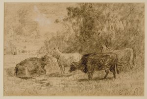 Paisaje con cuatro vacas, c. 1880 (carboncillo sobre papel) de Edward Mitchell Bannister