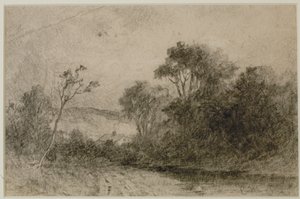 Paisaje con tejados detrás de los árboles (nº 49) c. 1880 (grafito sobre papel) de Edward Mitchell Bannister