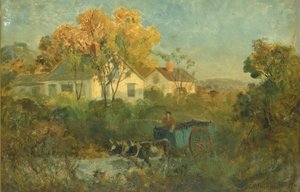 El estanque de bebida hombre en carro con bueyes en el estanque, 1895 de Edward Mitchell Bannister