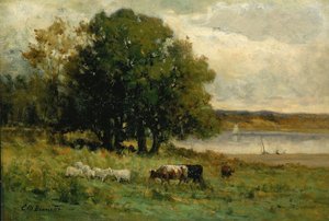 Sin título (ganado cerca del río con un velero a lo lejos) de Edward Mitchell Bannister