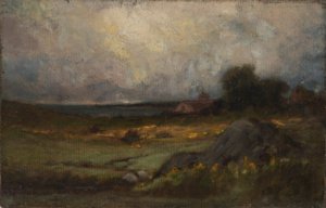 Sin título (paisaje con roca en primer plano y tejado con campanario, lago al fondo) de Edward Mitchell Bannister