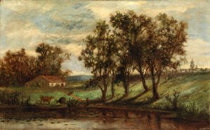Sin título (hombre con vacas pastando cerca de un estanque con una casa y árboles al fondo) de Edward Mitchell Bannister