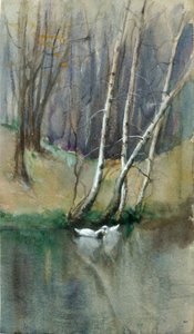 Escena de bosque sin título con abedules y patos de Edward Mitchell Bannister