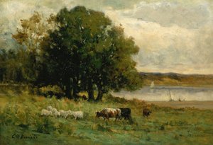 Sin título, ganado cerca del río con velero en la distancia, n.d.