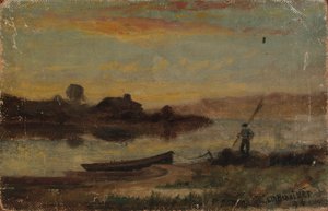 Paisaje sin título, barco amarrado cerca de la orilla con hombre caminando, 1896 de Edward Mitchell Bannister