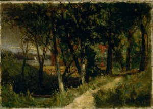 Paisaje sin título, escena de bosque con cerca roja y edificio, 1893