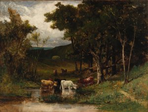 Paisaje sin título con vacas en el arroyo cerca de árboles de Edward Mitchell Bannister