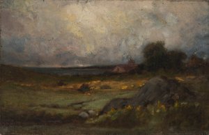 Paisaje sin título con roca en primer plano y techo con campanario, lago en el fondo de Edward Mitchell Bannister