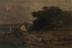 Paisaje sin título con rocas, hombre y veleros de Edward Mitchell Bannister