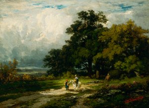 Hombre sin título en caballo con mujer y perro de Edward Mitchell Bannister