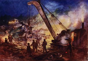 Grúa retirando restos de la escena de un accidente ferroviario (litografia en color) de Edward Parick Kinsella