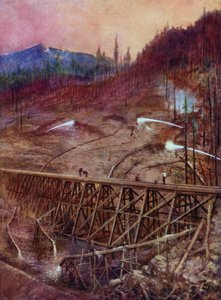 Relleno de un caballete en un ferrocarril mediante canalización hidráulica (litografia en color) de Edward Parick Kinsella