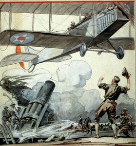 Avión, cañón de artillería y soldados de Edward Penfield