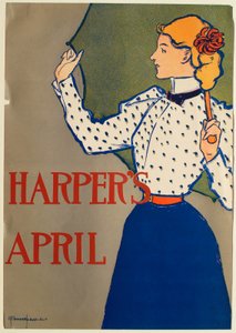 Chica con vestido azul y paraguas, abril, Harper