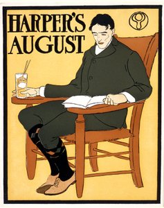Hombre sentado en una silla naranja, en casa de August Harper de Edward Penfield