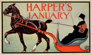 Hombre en trineo tirado por caballos, enero, Harper