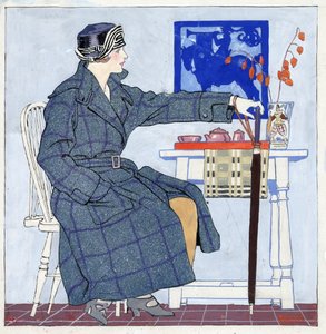 Joven mujer sentada junto a una mesa sosteniendo un paraguas de Edward Penfield