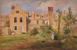 En Nottingham (parte trasera de los edificios de piedra con una mujer, un perro y un rodillo de jardín) de Edward Pretty