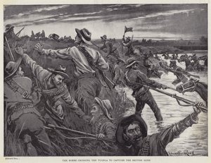 Los bóers cruzando el Tugela para capturar los cañones británicos (litografía)