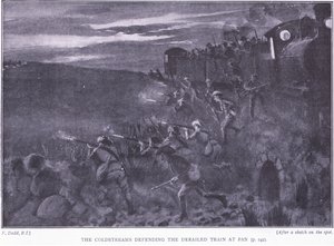 Los Coldstreams defendiendo un tren descarrilado, ilustración de Después de Pretoria: La Guerra de Guerrillas, 1902 de Edward Read