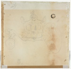 Study for Cab and Front Left Wheel of Coach and Study for Head of Crowned Figure Seated on Top of Coach (verso) de Edward Tennyson Reed