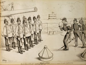 ¡Historia no registrada! Contando a los marines a bordo del HMS Taradiddle la determinación del Gobierno de Su Majestad - como una concesión al prejuicio de las potencias continentales - de evacuar Egipto en una fecha temprana: probablemente el primero de  de Edward Tennyson Reed