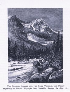 Las Grandes Jorasses y el Torrente Doire, Val Ferrett, de British Adventure publicado por Collins, 1947 de Edward Whymper