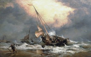 Pescadores tirando de sus barcas en la orilla del Mar del Norte, cerca de Scheveningen (Holanda). Óleo sobre lienzo de Edward William Cooke