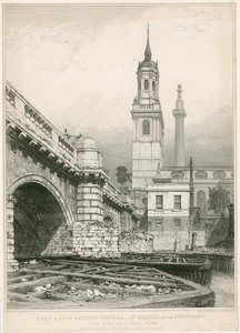 Parte del Puente de Londres Antiguo, St Magnus y el Monumento de Edward William Cooke