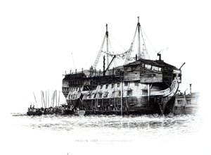 Barco prisión en el puerto de Portsmouth: convictos abordando, 1828