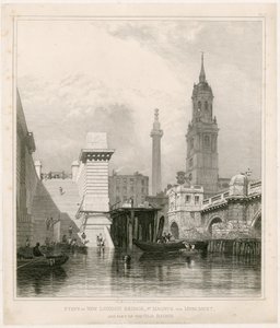 Escaleras del Puente de Londres Nuevo, San Magnus, el Monumento y parte del Puente Viejo de Edward William Cooke
