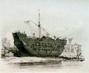 El "Discovery" (en Deptford), el barco que acompañó al Capitán Cook en su último viaje. de Edward William Cooke